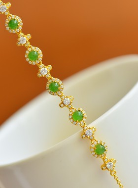 天然玉石s925银镶和田玉碧玉手链黄金饰品幸福美满镶钻女款礼物