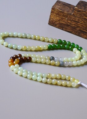6MM108颗天然和田玉多宝圆珠项链DIY半成品玉石挂绳彩虹珠串#5419