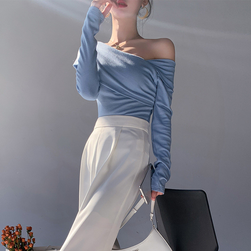 斜肩露肩长袖t恤女设计感小众不规则打底紧身短款一字肩春秋上衣,淘宝优惠券,粉丝福利购,淘宝优惠卷