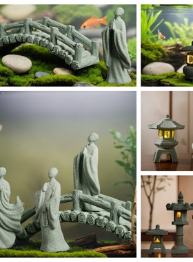 中式微景观摆件桌面盆景仿真石桥园林景观青砂石水族古风手办人物