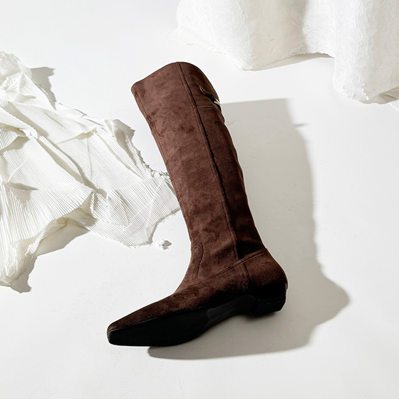 莲花府邸2025冬季女靴时尚气质长筒靴简约时装靴显瘦百搭粗跟绒面 - 图1