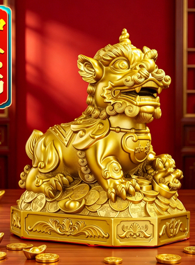 吉祥如意黄铜狮子一对开业摆件