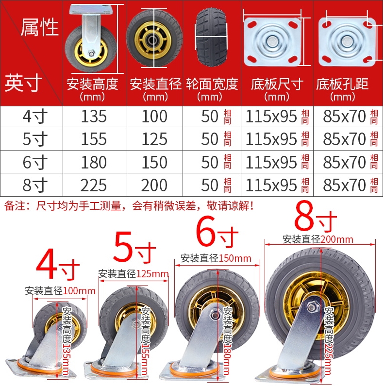 米想万向轮轮子重型脚轮静音手推车平板车4寸5寸8橡胶轮定向轮小 - 图2