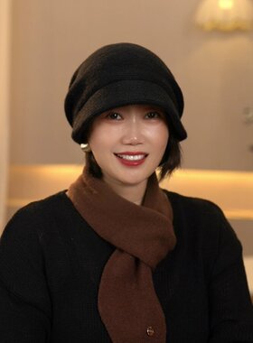 韩版秋冬休闲保暖针织帽纯色简约百搭护耳宽檐显脸小包头堆堆帽女