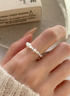 精致碎银弹力手作戒指女极简冷淡风轻奢珍珠S925银指环甜酷食指戒