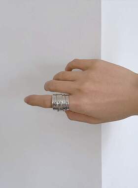 重工宽边几何不规则戒指女复古时尚个性S925银开口指环嘻哈食指戒