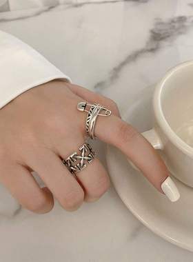 韩版S925银个性别针戒指女复古时尚X型开口指环嘻哈简约食指戒潮