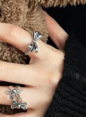 做旧镂空花朵蝴蝶结戒指女复古时尚气质甜美开口指环ins风食指戒