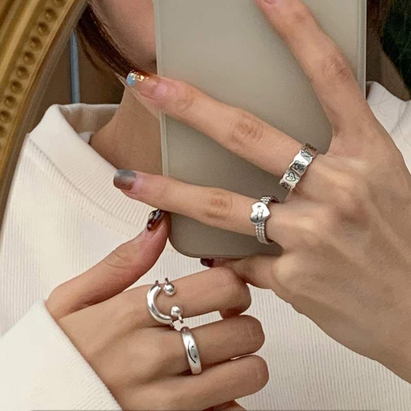 Sweet and cool smiley face graffiti smile ring for women versatile fashion personality temperament S925 silver open ring index finger ring trendy