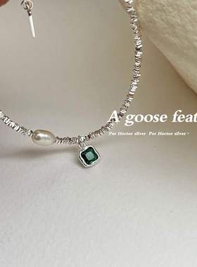 碎银手链女时尚气质方块绿色锆石珍珠S925银手环小众个性百搭手饰