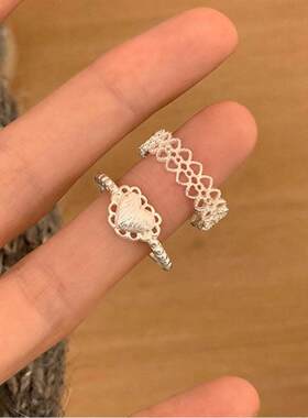 甜美蕾丝爱心戒指女镂空花边精致百搭S925镀银开口指环网红食指戒