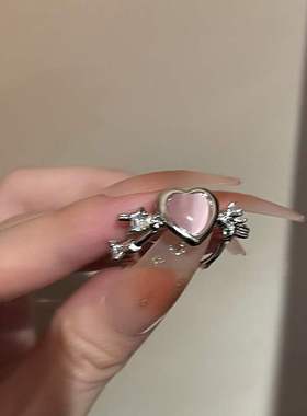 粉色爱心锆石戒指女小众设计荆棘猫眼石甜酷气质S925银开口食指环