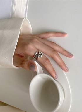 韩版S925银线条麻花缠绕戒指女复古时尚简约开口指环嘻哈食指戒潮