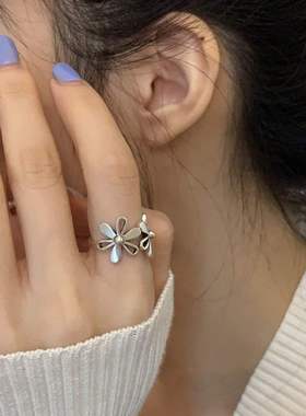 韩版S925银甜美花朵戒指女复古时尚镂空花瓣个性开口指环食指戒潮