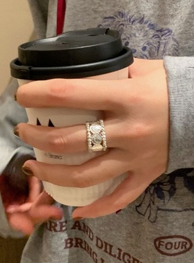 宽边镂空圆形钱币戒指女简约线条麻花百搭S925镀银开口指环食指戒