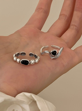 黑色爱心戒指女简约几何波浪S925镀银开口指环ins风食指戒潮