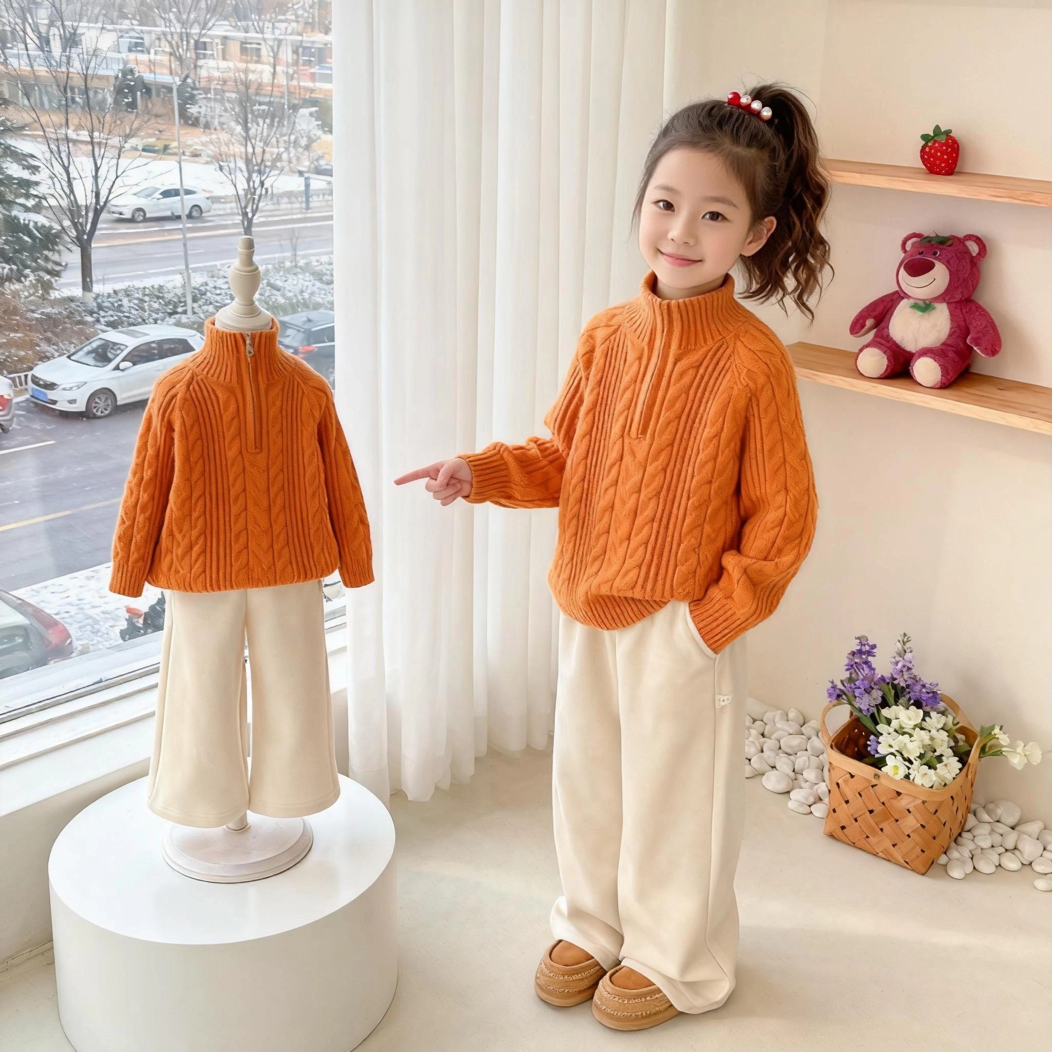 女童新款2025套装秋冬款多巴胺休闲风圆领针织毛衣直筒裤两件套,淘宝优惠券,粉丝福利购,淘宝优惠卷