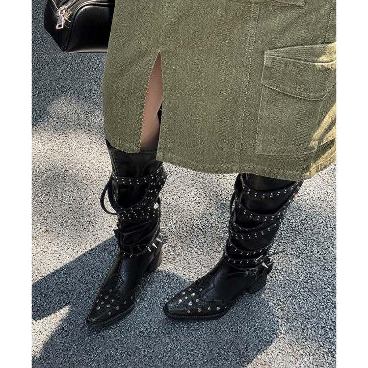 2025新款褶皱西部牛仔靴女尖头V口显瘦粗跟短靴铆钉马丁靴骑士靴,淘宝优惠券,粉丝福利购,淘宝优惠卷