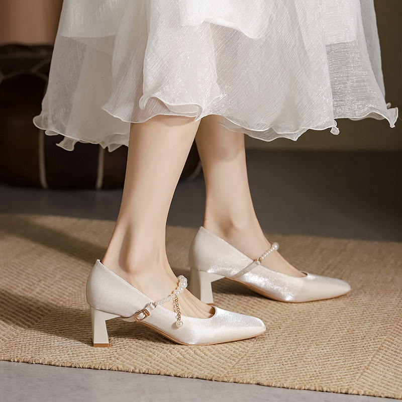 法式绸缎面粗跟玛丽珍方头单鞋女高跟鞋主婚纱婚鞋新娘鞋日常可穿,淘宝优惠券,粉丝福利购,淘宝优惠卷