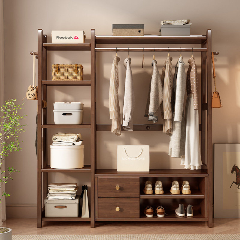 衣帽架带书架一体落地家用卧室储物架实木挂衣架可坐式收纳置物架,淘宝优惠券,粉丝福利购,淘宝优惠卷