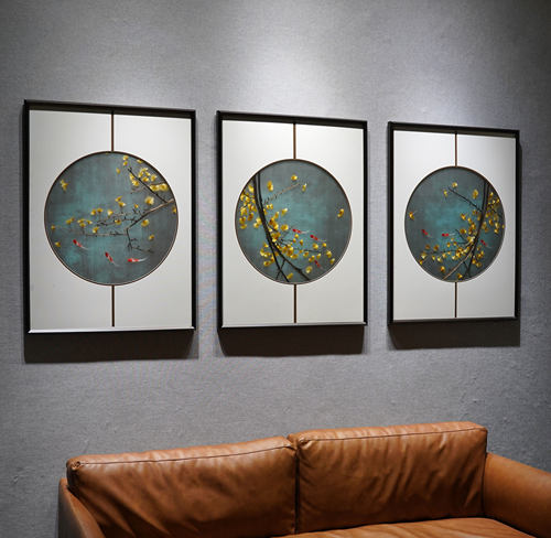 苏绣纯手工精品银杏刺绣挂画三联客厅装饰画新中式软装设计款经典 - 图0