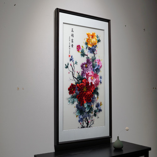 苏绣成品挂画玄关客厅竖版牡丹图新中式苏州纯手工刺绣湘绣装饰画 - 图1