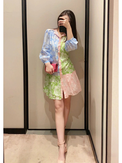 Contrast color splicing floral mid-length skirt French style 2024 spring and summer new style waisted three-quarter sleeve dress for women