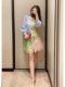 Contrast color splicing floral mid-length skirt French style 2024 spring and summer new style waisted three-quarter sleeve dress for women