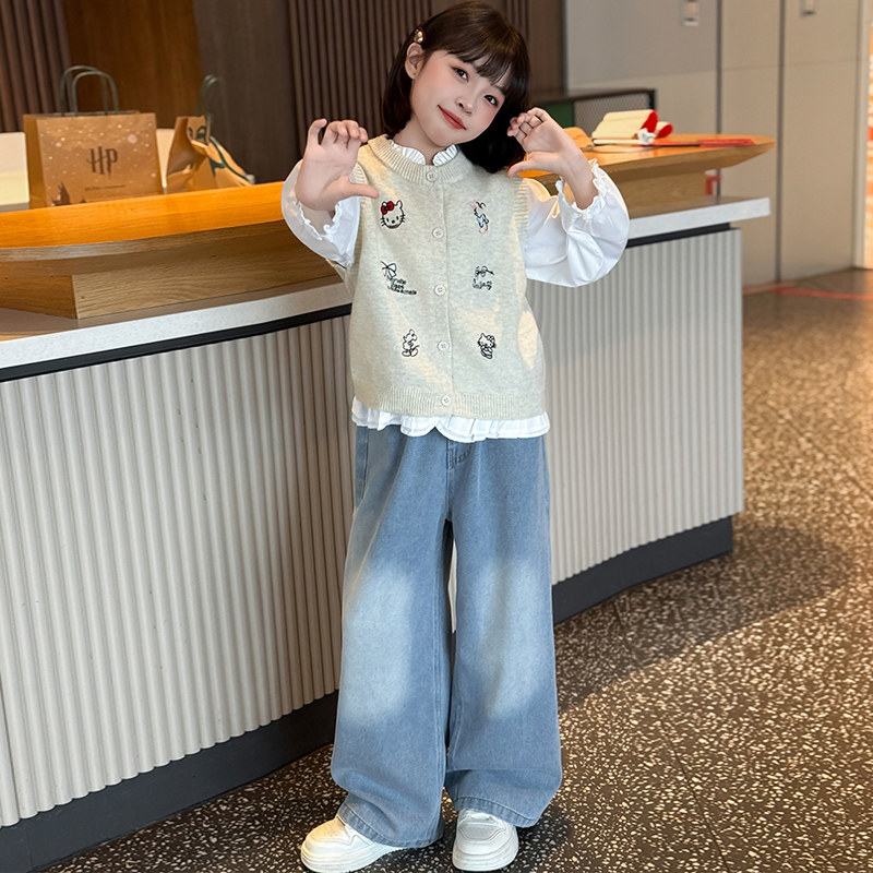 女童学院风套装2026早春新款女孩针织马甲衬衫牛仔裤儿童装三件套,淘宝优惠券,粉丝福利购,淘宝优惠卷