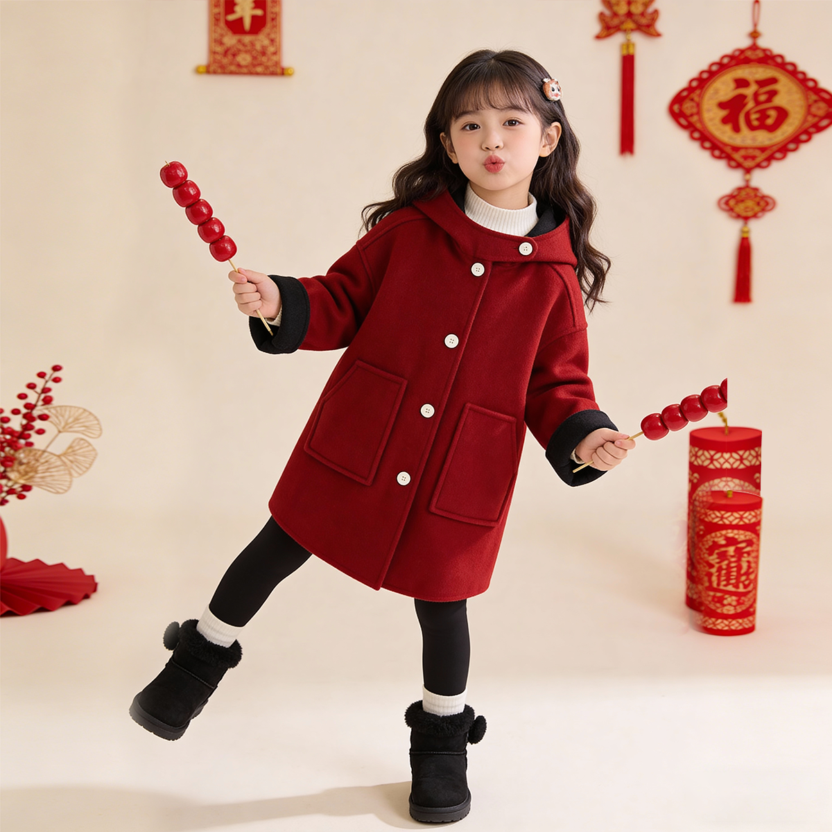 女童韩版双面穿中长款毛呢外套秋冬2026新儿童洋气红色大衣拜年服,淘宝优惠券,粉丝福利购,淘宝优惠卷