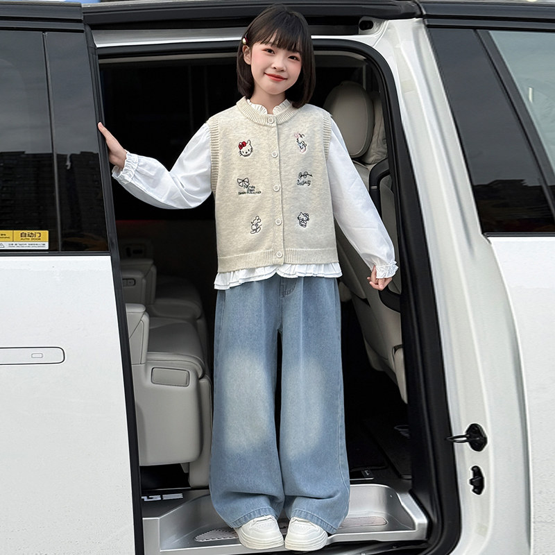 女童学院风套装2026早春新款女孩针织马甲衬衫牛仔裤儿童装三件套,淘宝优惠券,粉丝福利购,淘宝优惠卷