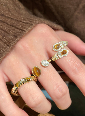 铜合金美拉德虎眼石开口戒指女高级独特设计感复古食指戒轻奢指环
