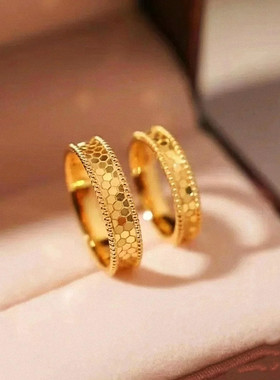 亮镜龙鳞戒指女纯银镀黄金色蜂巢鱼鳞爆闪素圈对戒指环简约高级潮