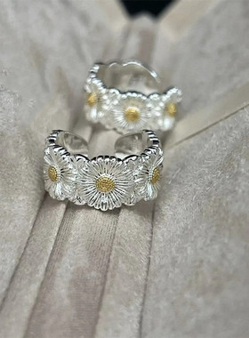 无钻雏菊戒指纯银925白金色光面对戒食戒开口调节男女情侣高级ins