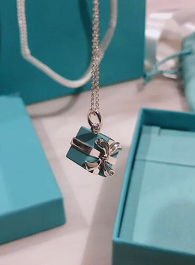 礼物盒项链 女纯银925蝴蝶结蓝色盒子珐琅吊坠锁骨链百搭小众设计