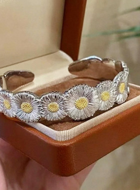 意大利小雏菊手镯女纯银白金色无钻经典开口手环权志龙同款男女潮