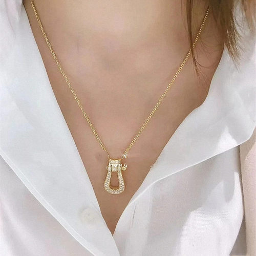 满钻马蹄扣项链 女纯银玫瑰金黄金色U形竖版大号锁骨链轻奢高级感 - 图2