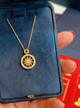 Gate太阳花项链 女纯银镀黄金色玫瑰金带钻圆形镂空吊坠锁骨链