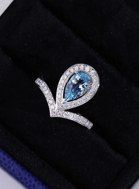 约瑟芬水滴戒指女纯银海蓝宝梨形仿真钻排钻指环高级轻奢求婚礼物