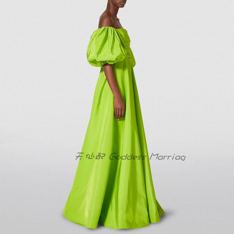 荧光绿晚礼服优雅一字肩红毯走秀名媛派对主持人颁奖晚会年会长裙