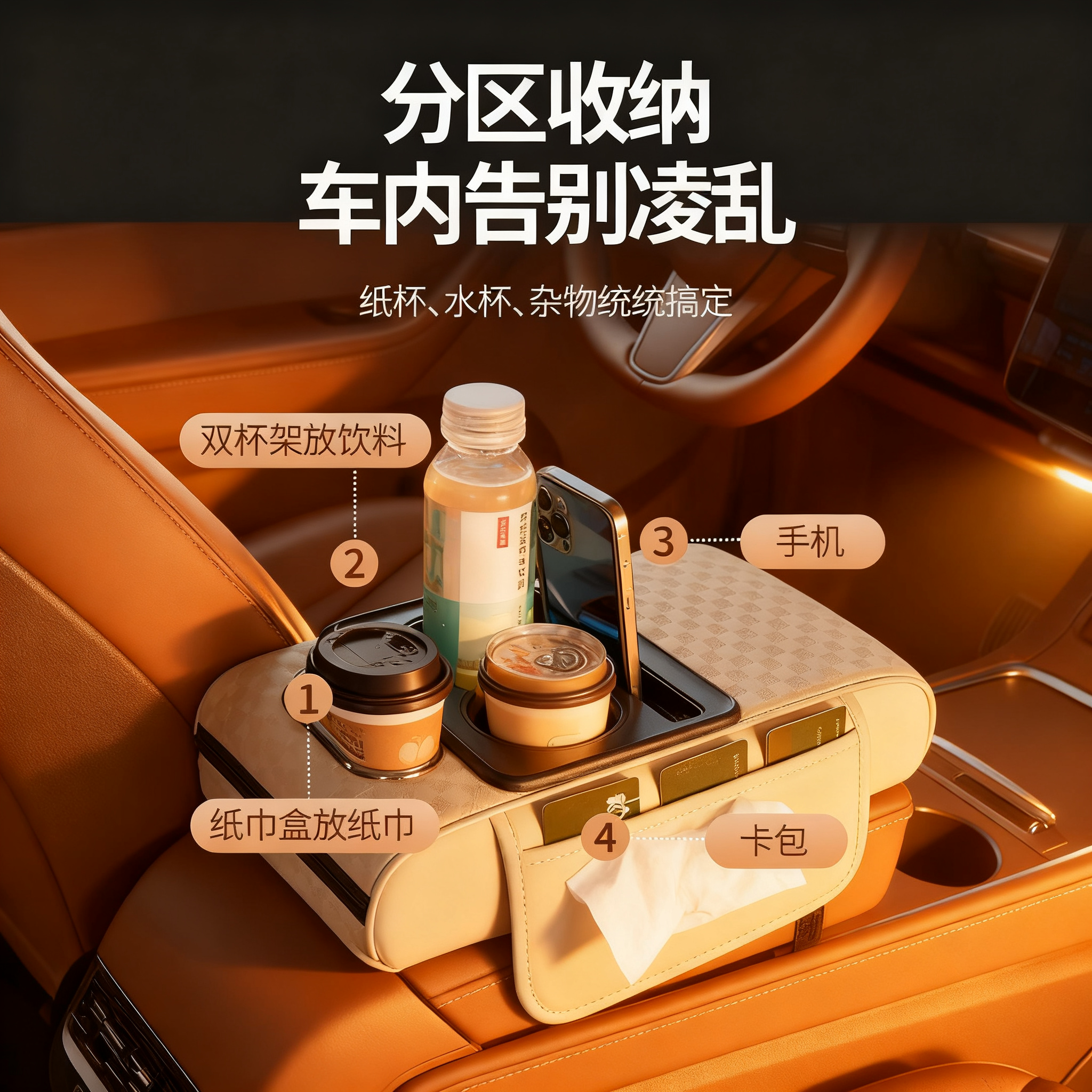汽车中央扶手车载箱增高垫四合一多功能纸巾盒保护套水杯架置物盒,淘宝优惠券,粉丝福利购,淘宝优惠卷