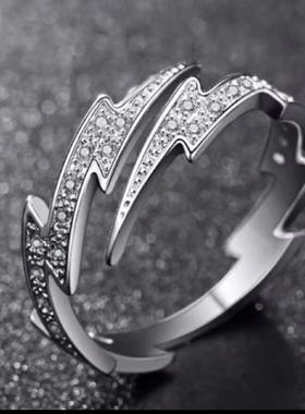 闪电银饰嘻哈戒指银色开口调节小众设计闺蜜女友礼物潮流情侣新款