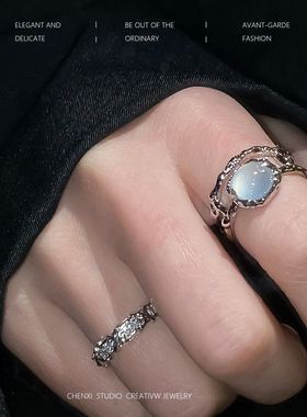 两件套月光石戒指女镶钻开