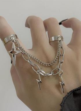 复古暗黑冷淡风链条戒指ins潮开口指环双层做旧嘻哈个性连体戒潮