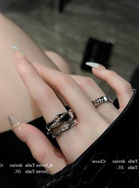 几何冷淡风ins黑水晶戒指小众设计时尚个性高级感开口戒网红女潮