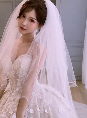 白色婚纱头纱新娘头纱头饰超仙森系网红拍照道具复古结婚简约短款