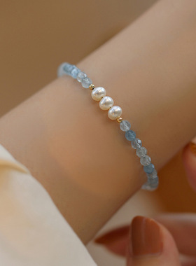 海蓝宝天然石手链女小众高级感夏季新中式水晶手串手饰配饰