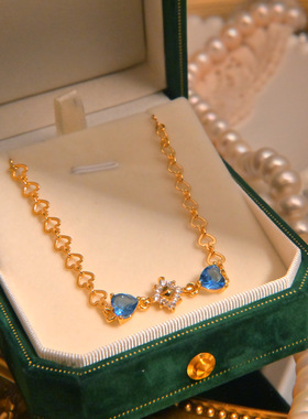 法式复古手饰优雅蓝色锆石爱心手链高级感设计手链手镯女