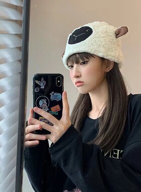 甜美可爱耳朵小绵羊帽子女冬季毛绒加厚保暖羊羔毛套头月子帽