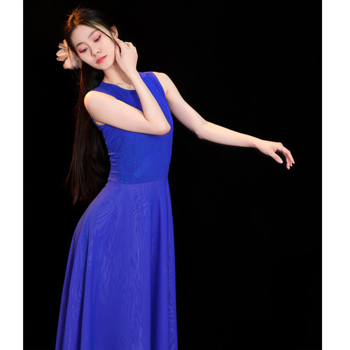 春晚同款梦底舞蹈服新款古典舞演出服蓝色飘逸现代舞大摆连衣裙女 - 图1
